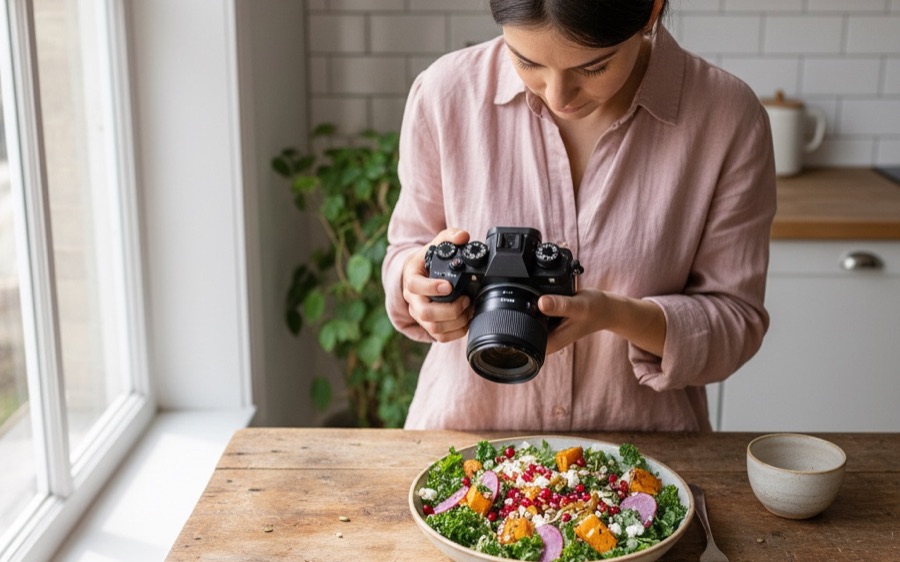 A food blogger photographing a colorful salad at a kitchen window