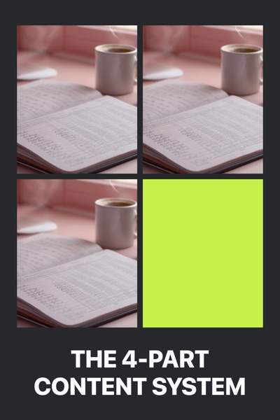 Pin template “Quad grid”: the title “The 4-Part Content System” in the Quad grid layout, Graphite & lime colors, over a photo of an open ledger, a calculator and a cup of coffee.