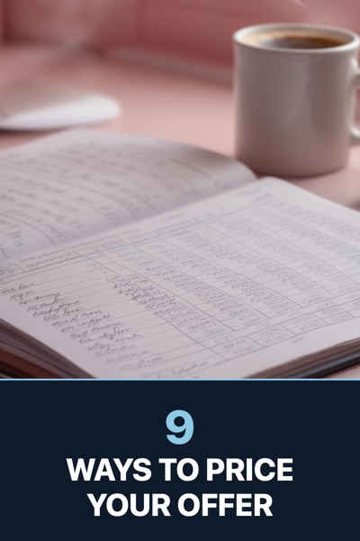 Pin template “Bold slab”: the title “9 Ways To Price Your Offer” in the Split block layout, Midnight & ice colors, over a photo of an open ledger, a calculator and a cup of coffee.