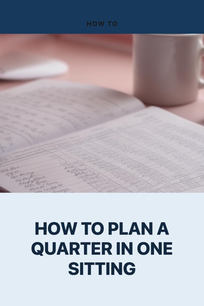 Pin template “Triple stack”: the title “How To Plan A Quarter In One Sitting” in the Triple stack layout, Frost & navy colors, over a photo of an open ledger, a calculator and a cup of coffee.