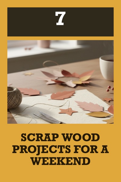 Pin template “Number block”: the title “7 Scrap Wood Projects For A Weekend” in the Number block layout, Mustard & ink colors, over a photo of paper leaves, twine and scissors on a craft table.