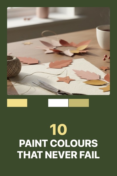 Pin template “Colour swatches”: the title “10 Paint Colours That Never Fail” in the Colour swatches layout, Moss & butter colors, over a photo of paper leaves, twine and scissors on a craft table.