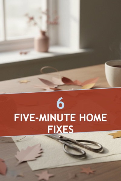 Pin template “Tape strip”: the title “6 Five-Minute Home Fixes” in the Tape strip layout, Brick & sky colors, over a photo of paper leaves, twine and scissors on a craft table.