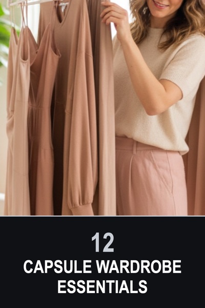 Pin template “Noir minimal”: the title “12 Capsule Wardrobe Essentials” in the Split block layout, Noir & silver colors, over a photo of a woman choosing from a rail of blush-toned clothes.