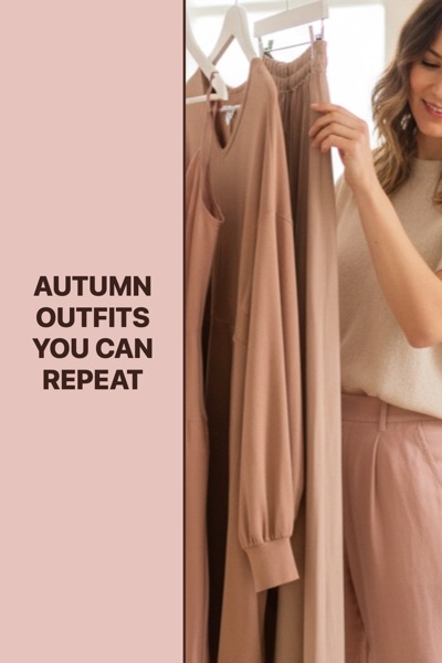 Pin template “Side split”: the title “Autumn Outfits You Can Repeat” in the Side split layout, Blush & espresso colors, over a photo of a woman choosing from a rail of blush-toned clothes.