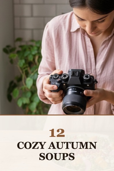 Pin template “Serif band”: the title “12 Cozy Autumn Soups” in the Serif band layout, Cream & cocoa colors, over a photo of a woman photographing a salad.