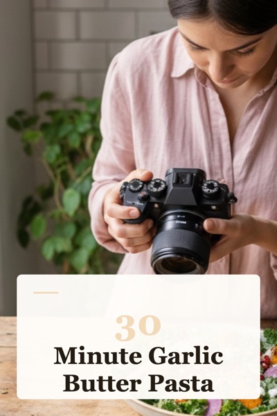Pin template “Recipe card”: the title “30-Minute Garlic Butter Pasta” in the Kicker card layout, Terracotta & cream colors, over a photo of a woman photographing a salad.