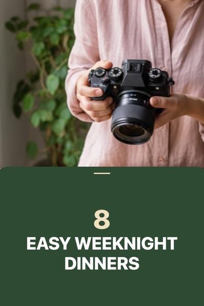 Pin template “Bottom panel”: the title “8 Easy Weeknight Dinners” in the Bottom panel layout, Basil & cream colors, over a photo of a woman photographing a salad.