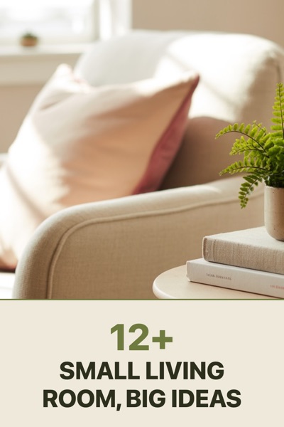 Pin template “Split block”: the title “Small Living Room, Big Ideas” in the Split block layout, Linen & olive colors, over a photo of a cream armchair, a pink cushion and a fern on a side table.
