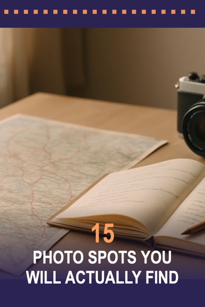 Pin template “Film strip”: the title “15 Photo Spots You Will Actually Find” in the Film strip layout, Sunset & indigo colors, over a photo of a map, an open notebook and a camera on a desk.