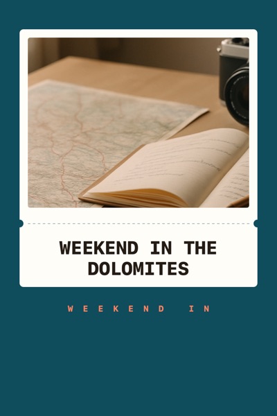 Pin template “Ticket stub”: the title “Weekend in the Dolomites” in the Ticket stub layout, Deep teal & coral colors, over a photo of a map, an open notebook and a camera on a desk.