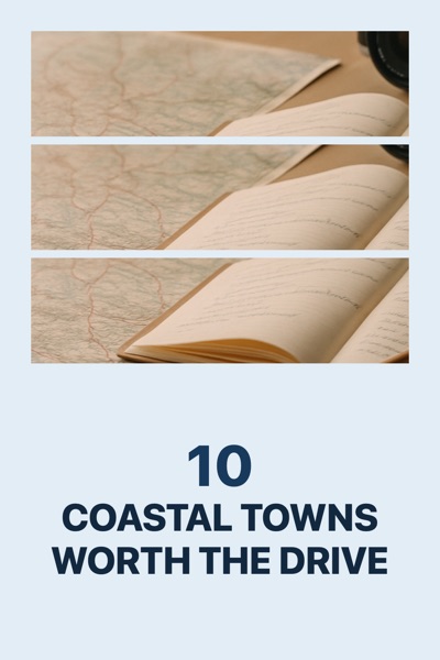 Pin template “Triptych”: the title “10 Coastal Towns Worth the Drive” in the Triptych strips layout, Frost & navy colors, over a photo of a map, an open notebook and a camera on a desk.