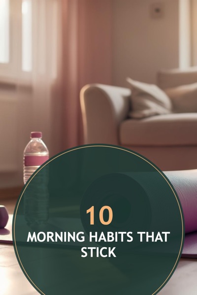 Pin template “Circle scrim”: the title “10 Morning Habits That Stick” in the Circle scrim layout, Pine & apricot colors, over a photo of a yoga mat, dumbbells and a water bottle in a sunny room.