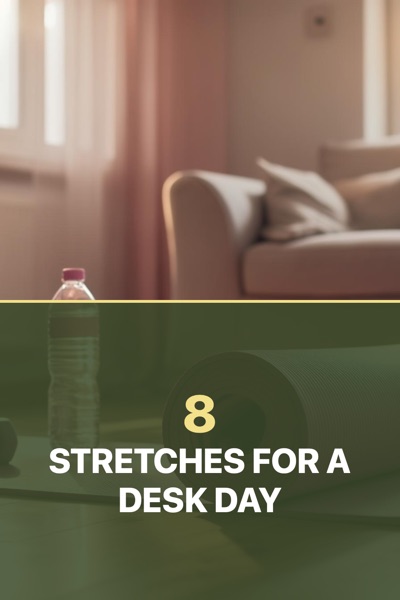 Pin template “Half tint”: the title “8 Stretches For A Desk Day” in the Half tint layout, Moss & butter colors, over a photo of a yoga mat, dumbbells and a water bottle in a sunny room.