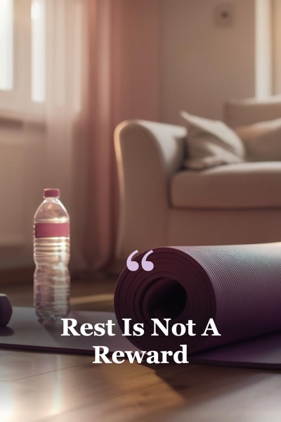 Pin template “Quote marks”: the title “Rest Is Not A Reward” in the Quote marks layout, Lilac & plum colors, over a photo of a yoga mat, dumbbells and a water bottle in a sunny room.