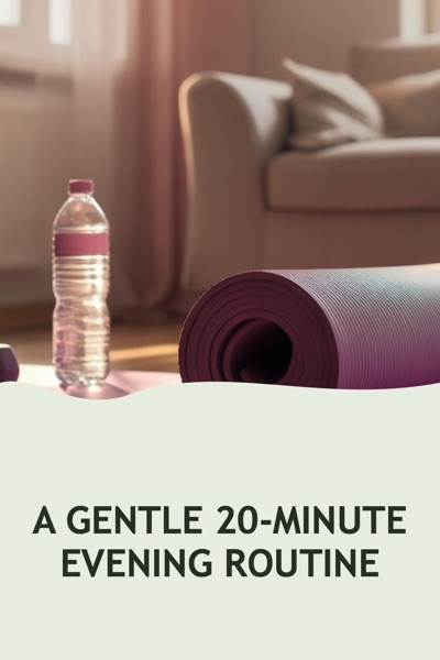 Pin template “Wave panel”: the title “A Gentle 20-Minute Evening Routine” in the Wave panel layout, Sage & terracotta colors, over a photo of a yoga mat, dumbbells and a water bottle in a sunny room.
