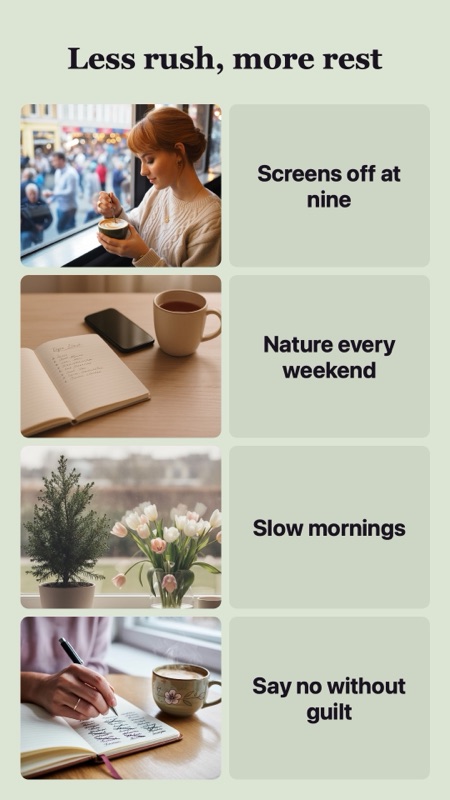 Vision board example “Less rush, more rest”: four photos (a woman with a coffee at a café window; an open notebook, a phone and a cup of tea; tulips and a small pine tree on a windowsill; a hand writing a note beside a cup of tea) and the words Screens off at nine, Nature every weekend, Slow mornings, Say no without guilt.