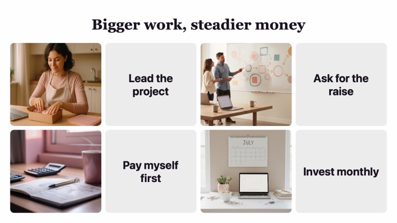 Vision board example “Bigger work, steadier money”: four photos (a woman packing an order at her kitchen table; two people planning at a whiteboard; a notebook, a calculator and a mug; a wall calendar above a laptop) and the words Lead the project, Ask for the raise, Pay myself first, Invest monthly.
