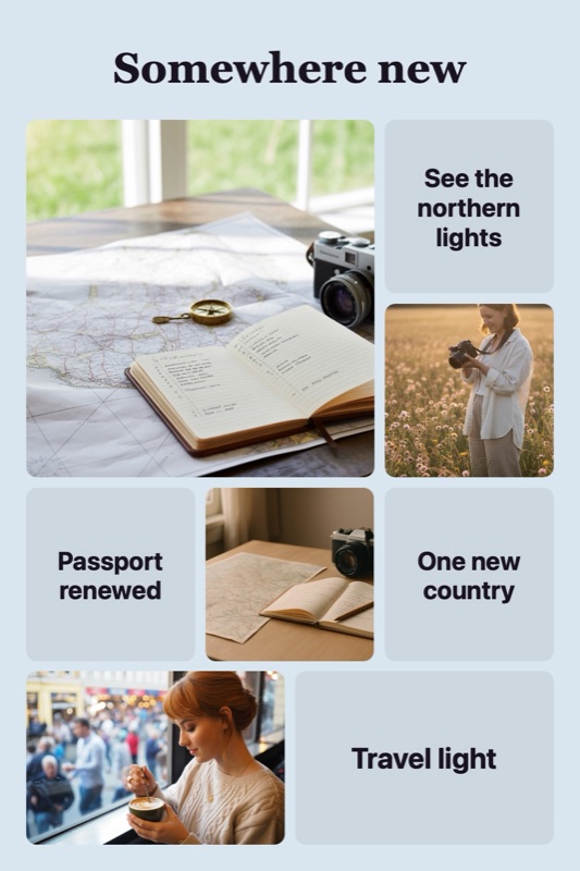 Vision board example “Somewhere new”: four photos (a map, a compass and a camera; a woman with a camera in a field of flowers; a map, a camera and a notebook; a woman with a coffee at a café window) and the words See the northern lights, Passport renewed, One new country, Travel light.