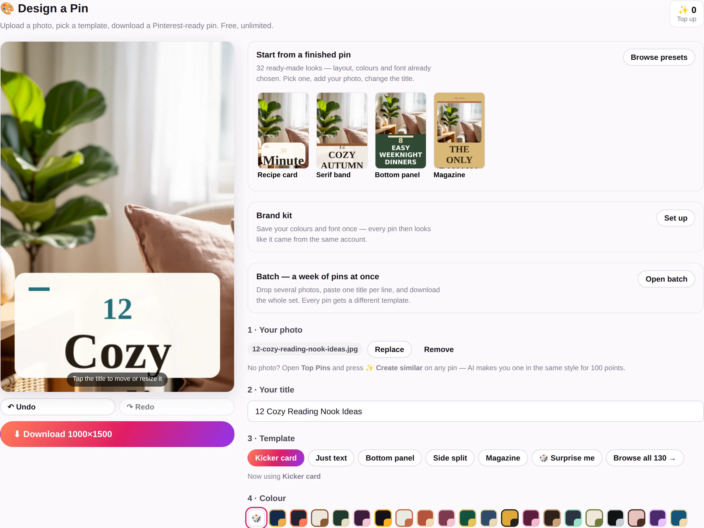 The Pin Designer — a photo dropped into a template, with the finished pin ready to download.