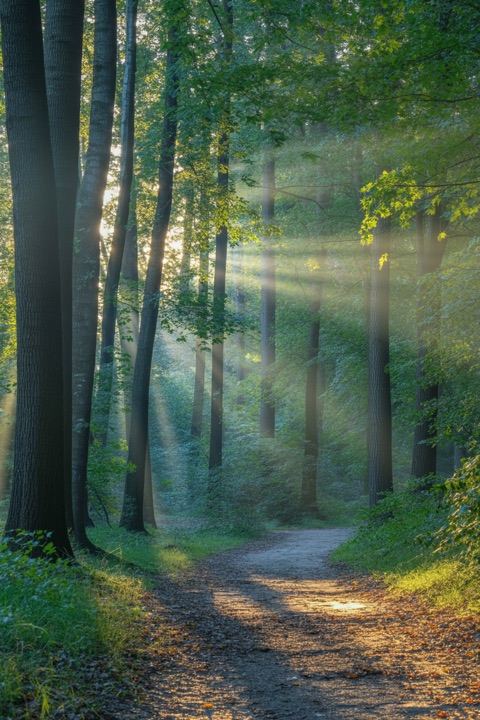A forest path with light through the trees