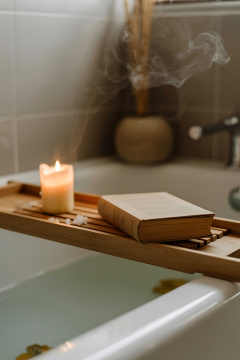 A bath with a book and a candle