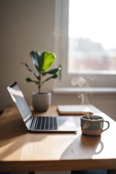 A bright, tidy desk with a plant and an open laptop