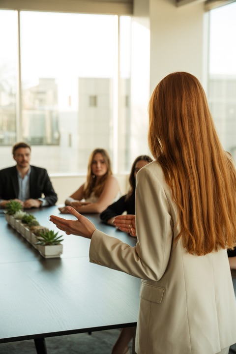 Someone speaking to a small room of people who are listening