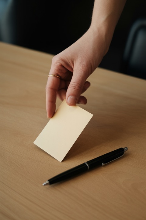 A hand setting down a new, blank business card