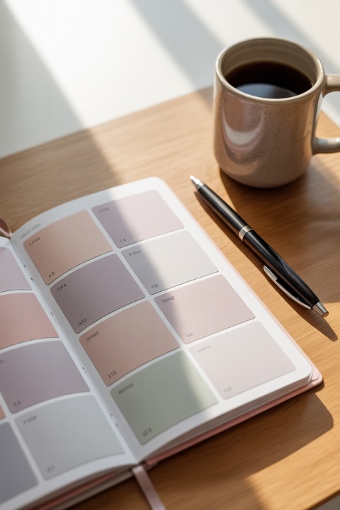A planner page in soft colour blocks, a pen and a coffee