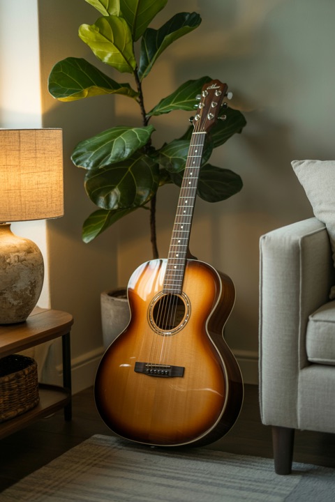 A guitar in the corner of a room