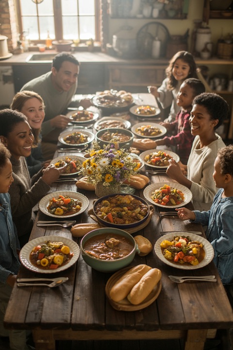 A long table crowded with family