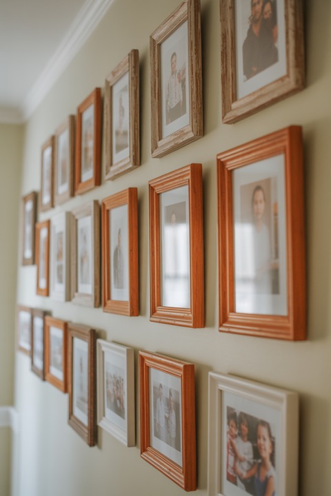 A wall of framed family photos