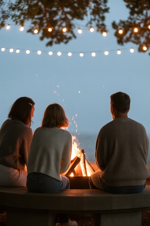 Friends around a fire at night