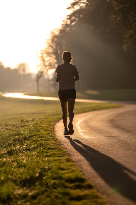 A quiet park path at sunrise, a runner far ahead