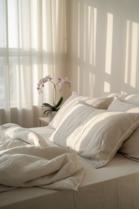 A made bed in soft morning light