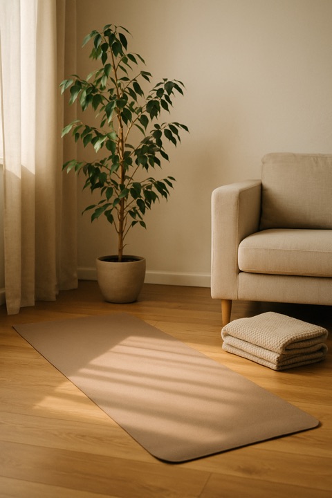 A yoga mat unrolled in a quiet corner