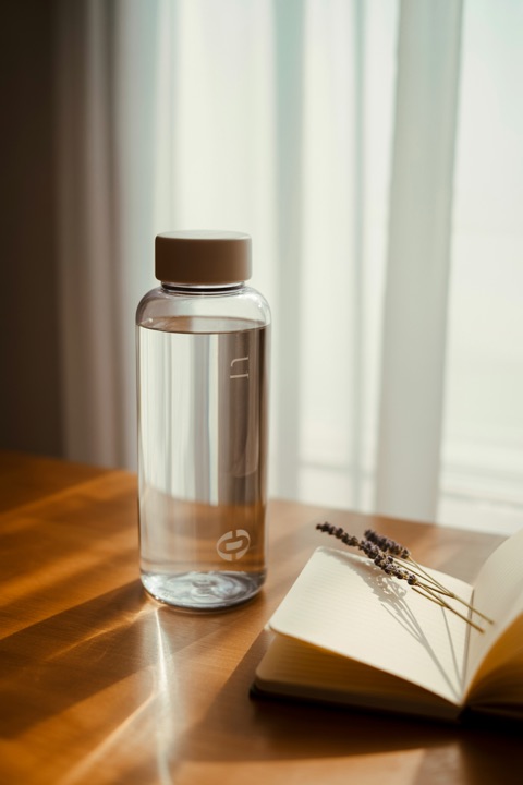 A big water bottle on a desk