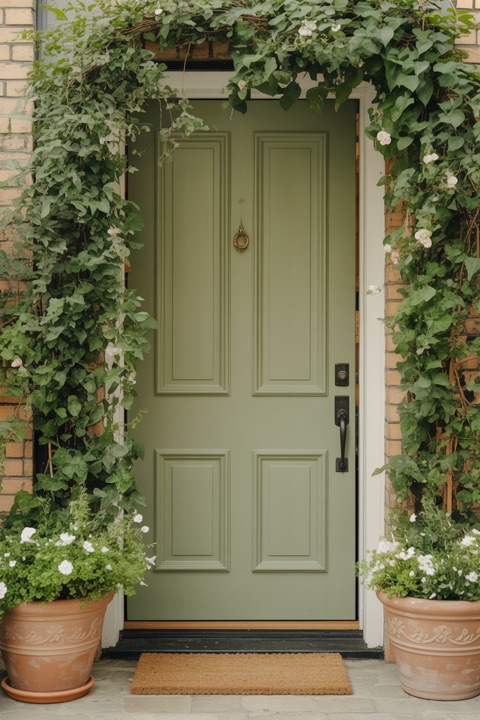 A green front door with plants on either side