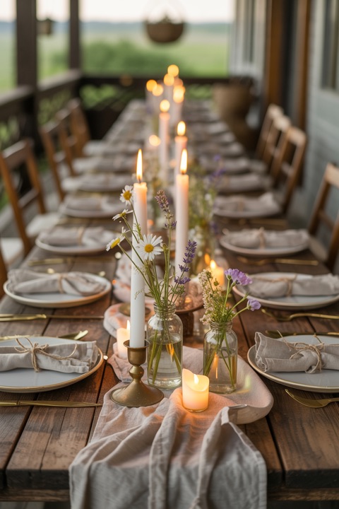 A table set for friends, with candles and flowers