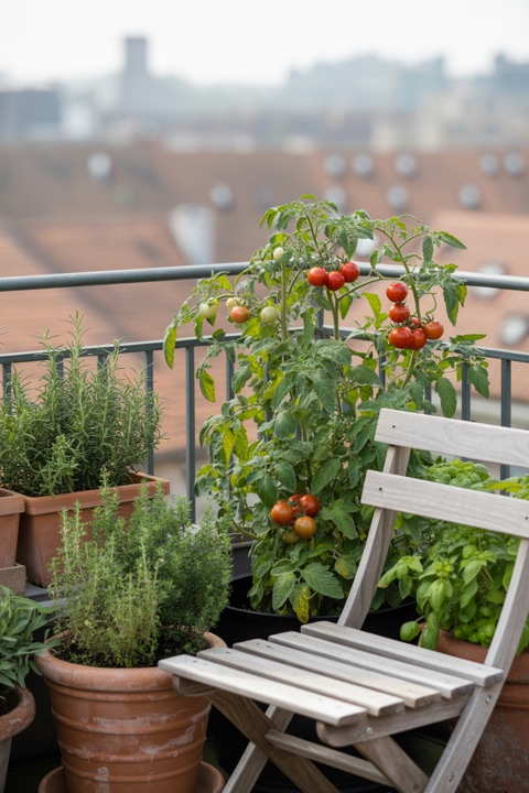 A small balcony garden with herbs and tomatoes