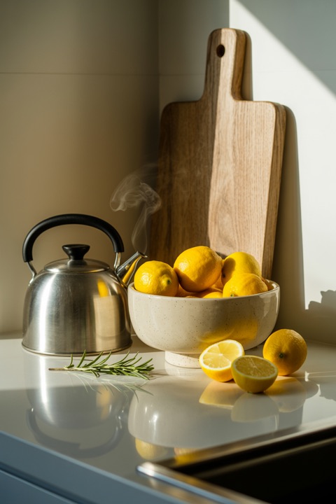 Morning sun on a bright kitchen counter