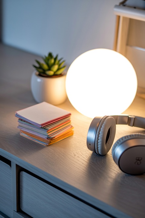 Flashcards, headphones and a lamp on a desk