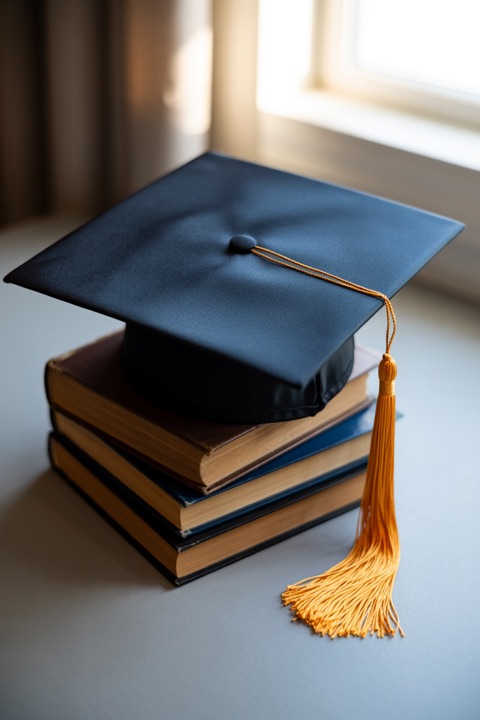 A graduation cap on a stack of books