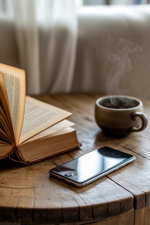 A phone set aside beside an open book