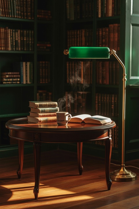 A quiet library corner with a reading lamp