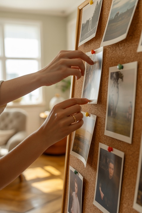 Two people pinning pictures to a board together
