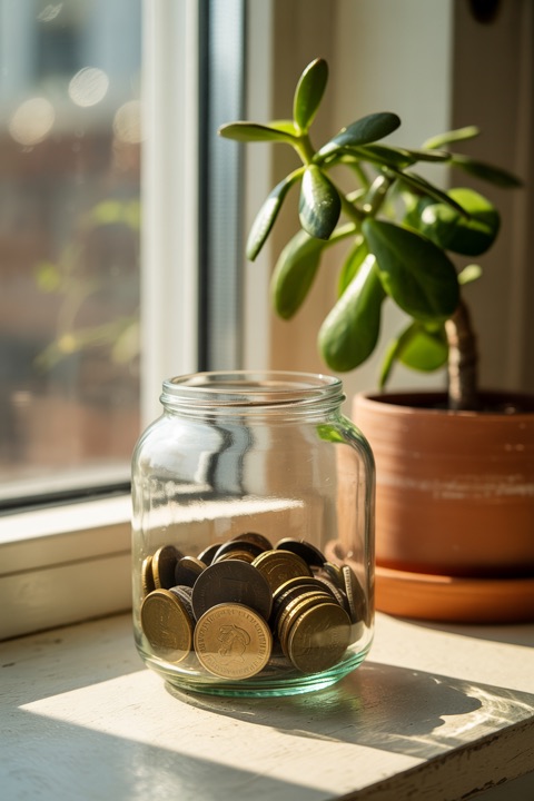 A savings jar filling up on a sunny windowsill