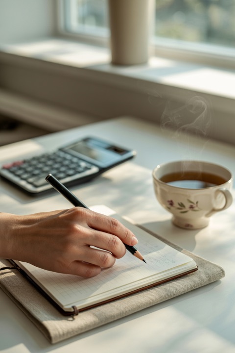 Hands working on a monthly budget in a notebook