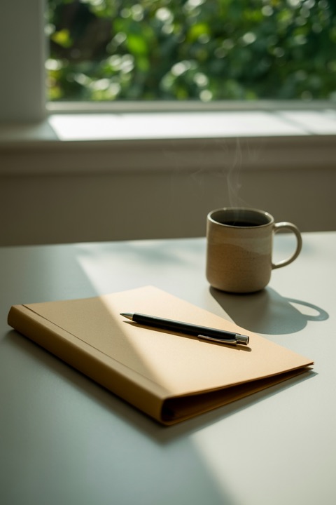 A closed folder, a pen and coffee on a calm kitchen table
